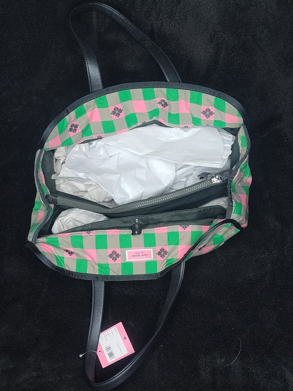 kate spade Green and Pink Gingham Tote with Floral Motif